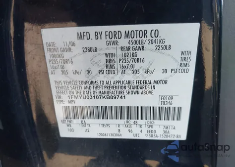 2007 Ford Escape Xlt/Xlt Sport from USA, damaged, VIN 1FMYU03107KB89741